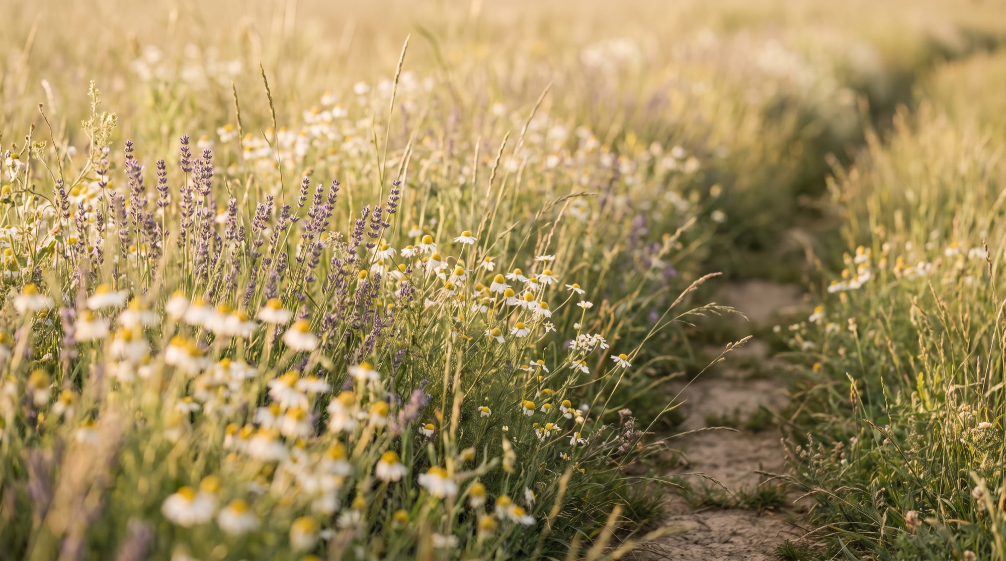 Campo de flores silvestres a la luz suave de la mañana