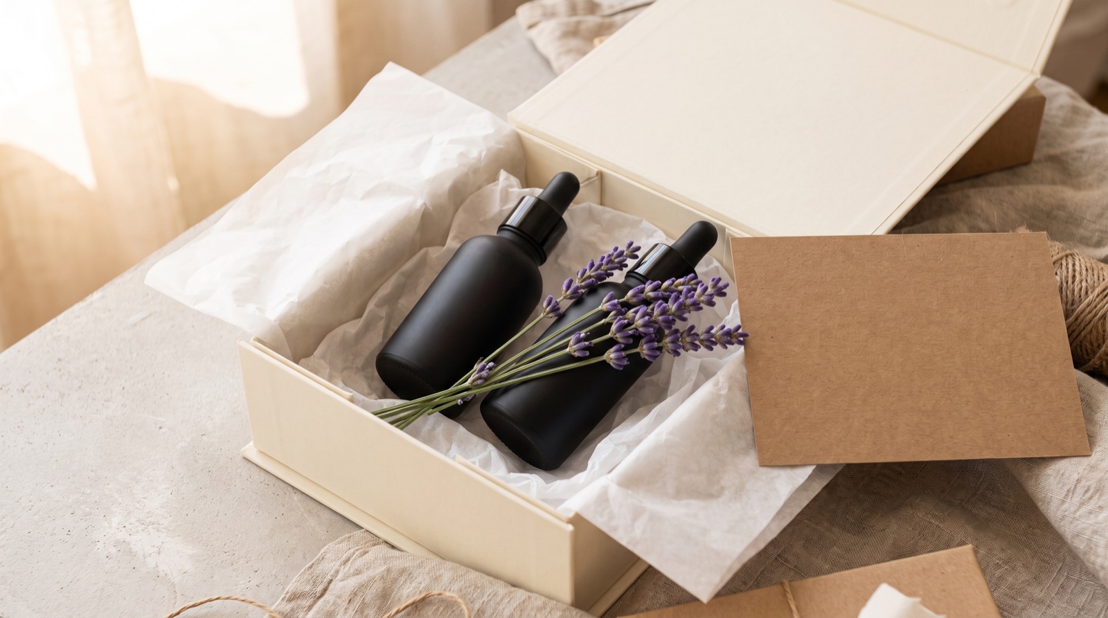 Caja de envío con frascos de esencias, papel de china y lavanda