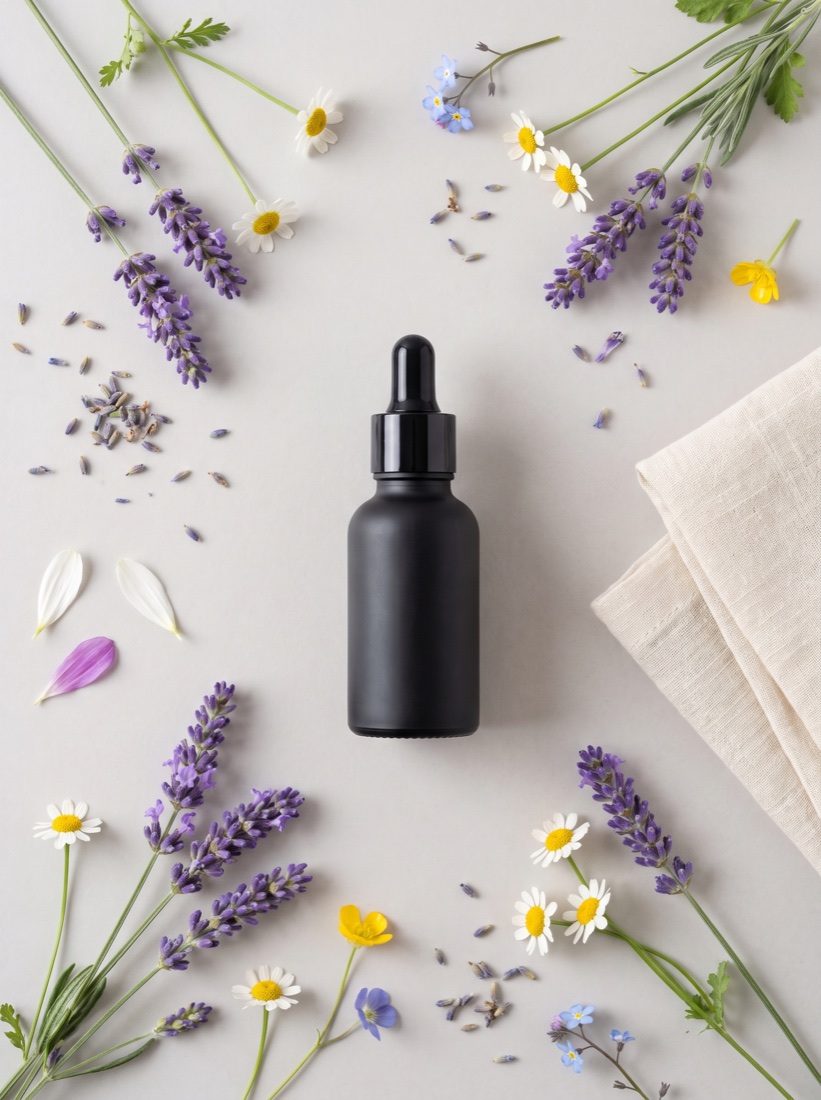 Fórmula de flores de Bach vista cenital, frasco y flores silvestres