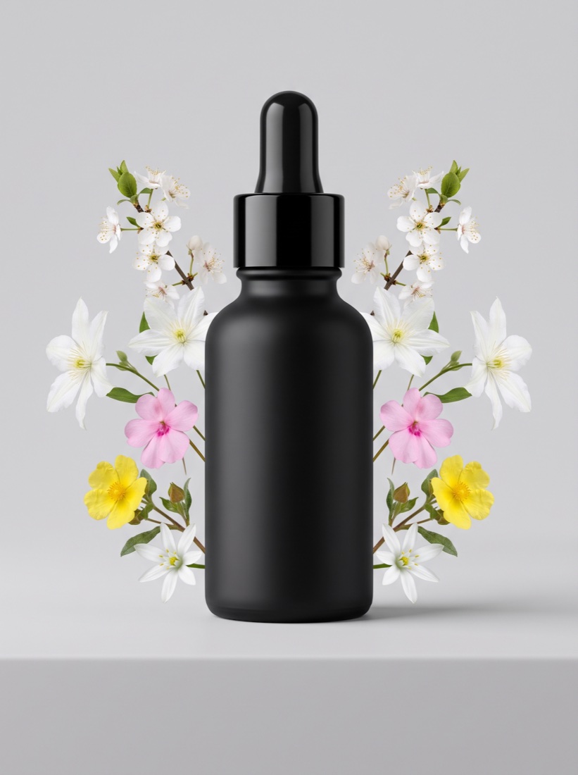 Frasco negro mate de Cinco Flores con cinco flores silvestres
