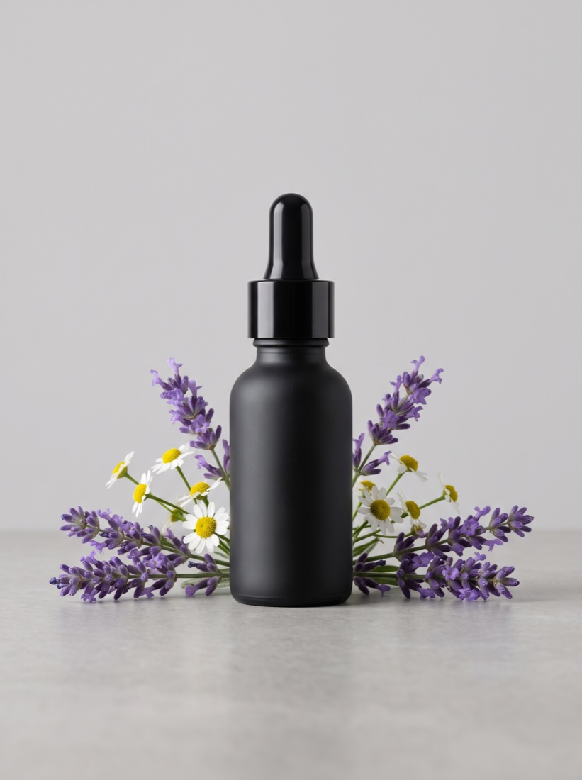 Frasco negro mate de Serenidad con lavanda y manzanilla