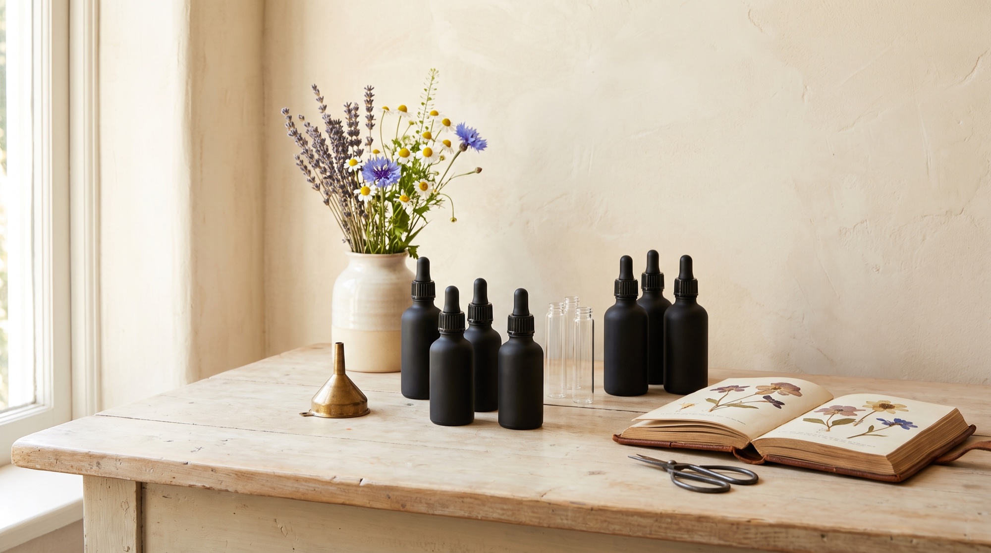 Mesa de preparación de esencias florales con frascos, flores y libro botánico